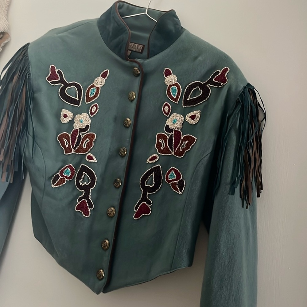 DOUBLE D RANCH Crop Wool Jacket Coat w/Beading & Suede Fringe size small